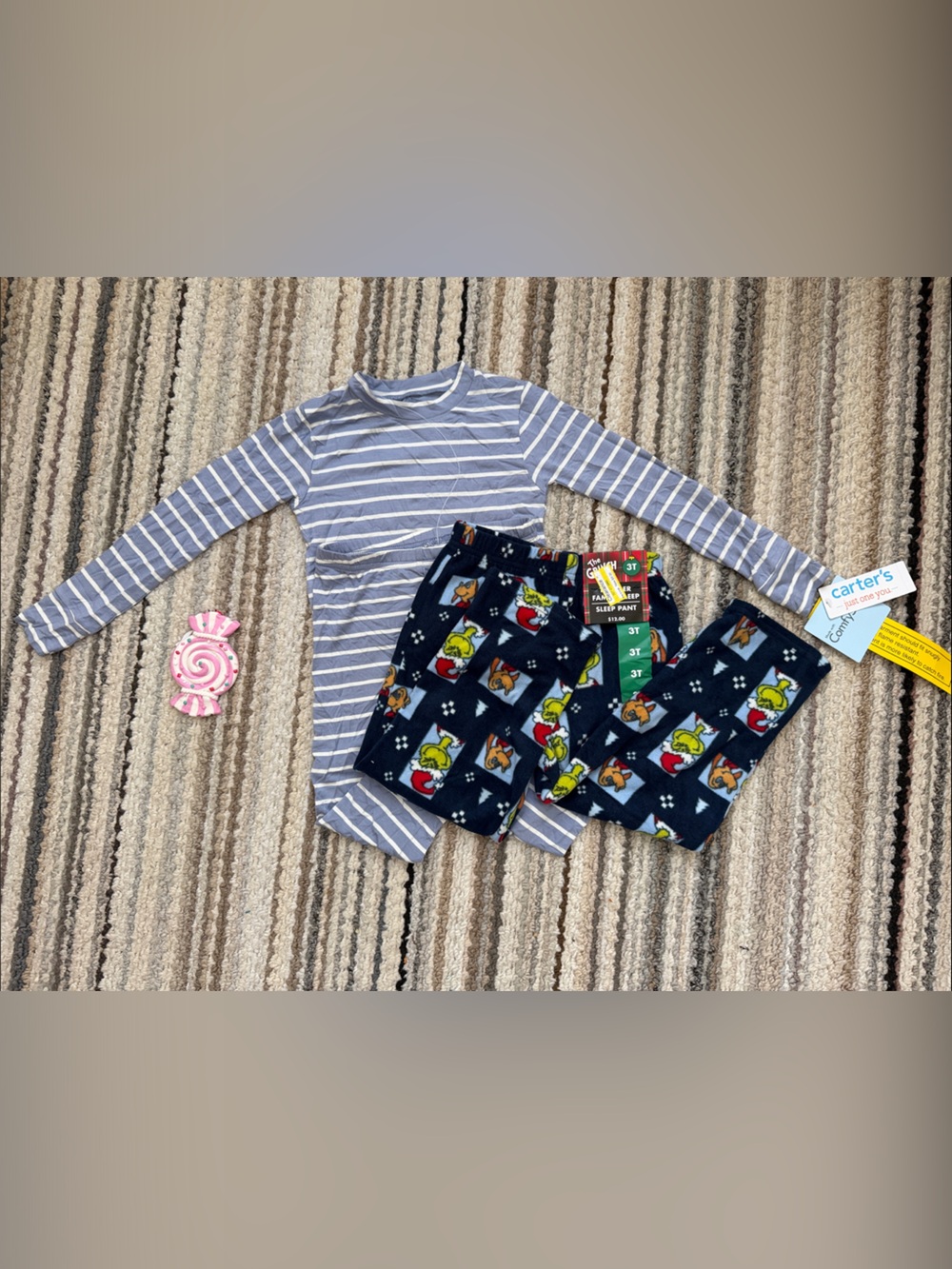 Carter's Striped Long Sleeve Top with Navy Grinch Pajama Pants - Blue & Navy